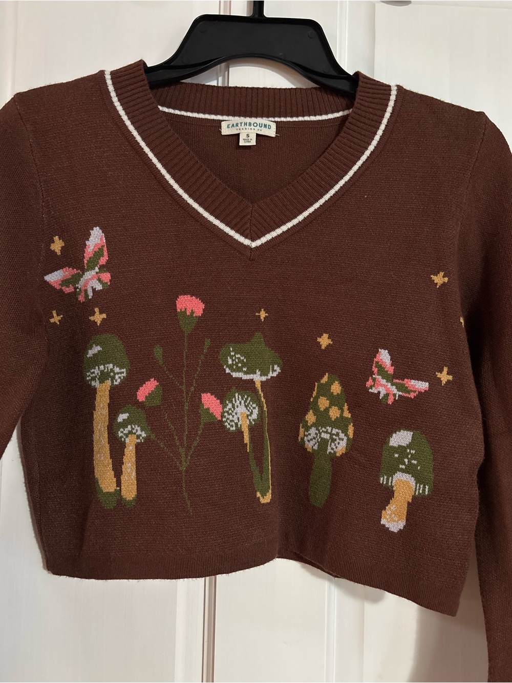EARTHBOUND Brown V-Neck Sweater with Mushroom & Butterfly Motifs